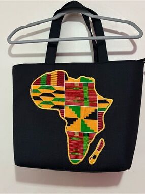 Black Tote with Vibrant Kente Africa Patch - Women's Everyday Bag